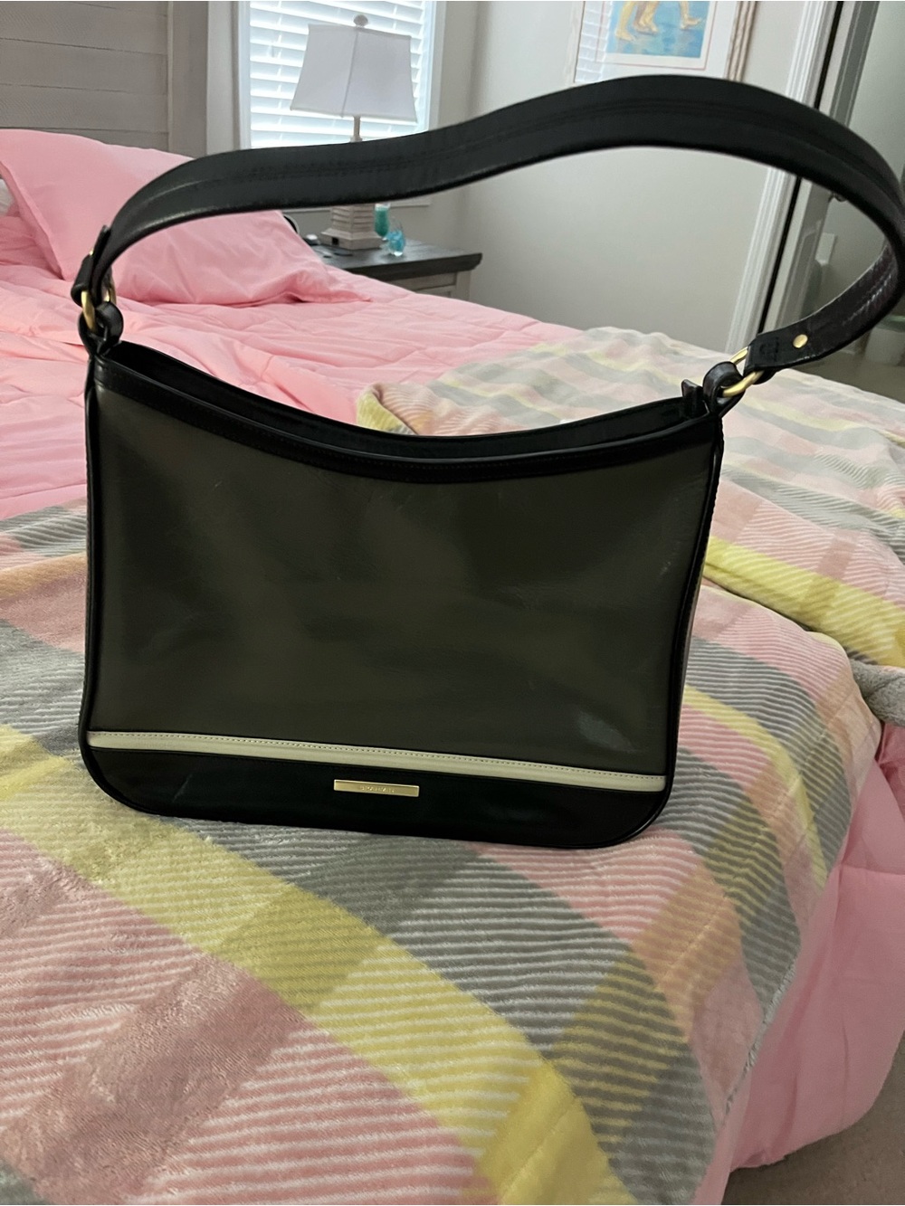 Brahmin Black and Gray Shoulder Bag with Cream Trim